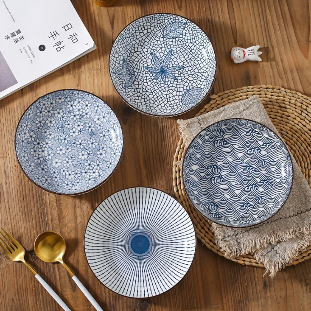 Blue White Ceramic Plates Set of 4 Round Shallow Serving Plates for Pasta Salad Bread for Entryways, Bedrooms and Living Spaces