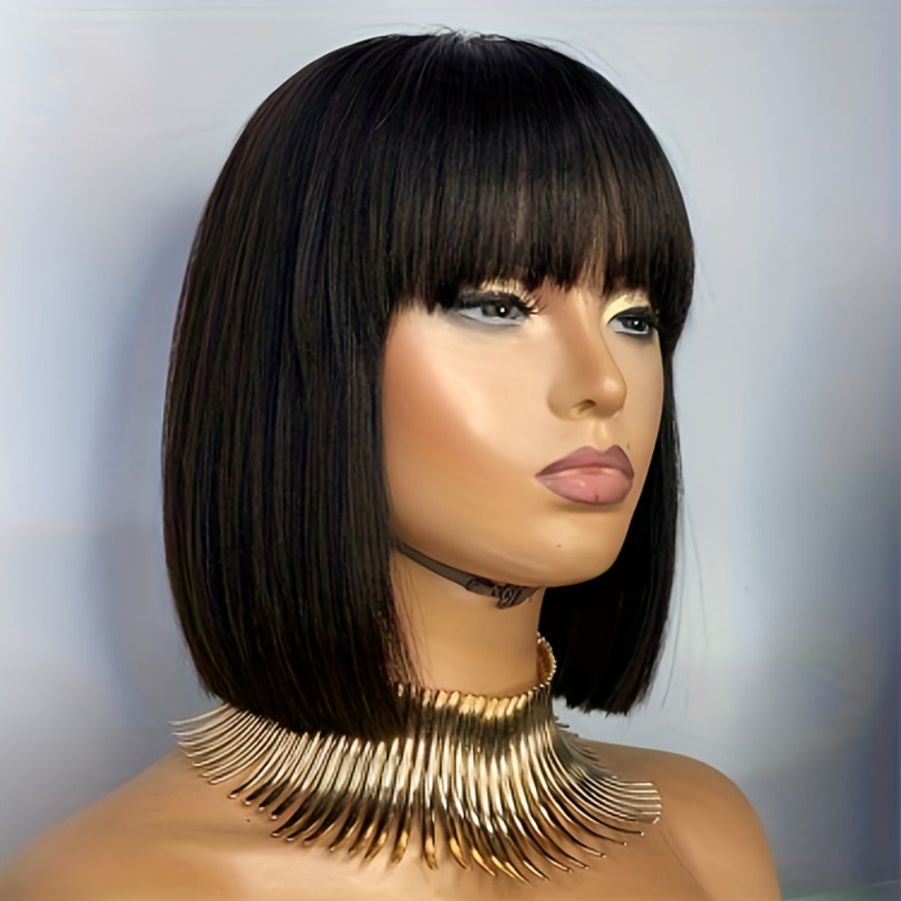 Brazilian Human Hair Bob Wig No Glue 200% Density Full Machine Made Straight with Bangs for Women | Natural Black 8 10 12 16 Inch | Glueless Beginner Friendly