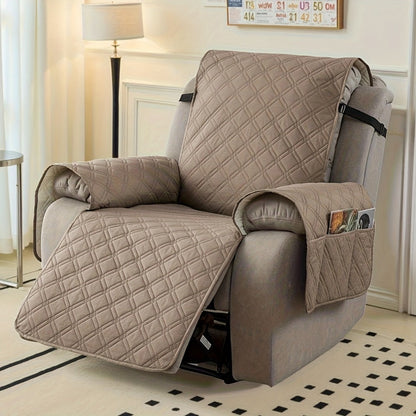 Quilted One-Piece Recliner Chair Cover with Side Pockets, Back Buckle Strap and 11 Color Options