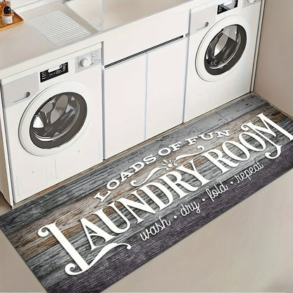 Rustic Laundry Room Runner Mat with Wood-Grain Print and Rubber Backing in Two Long Size Options