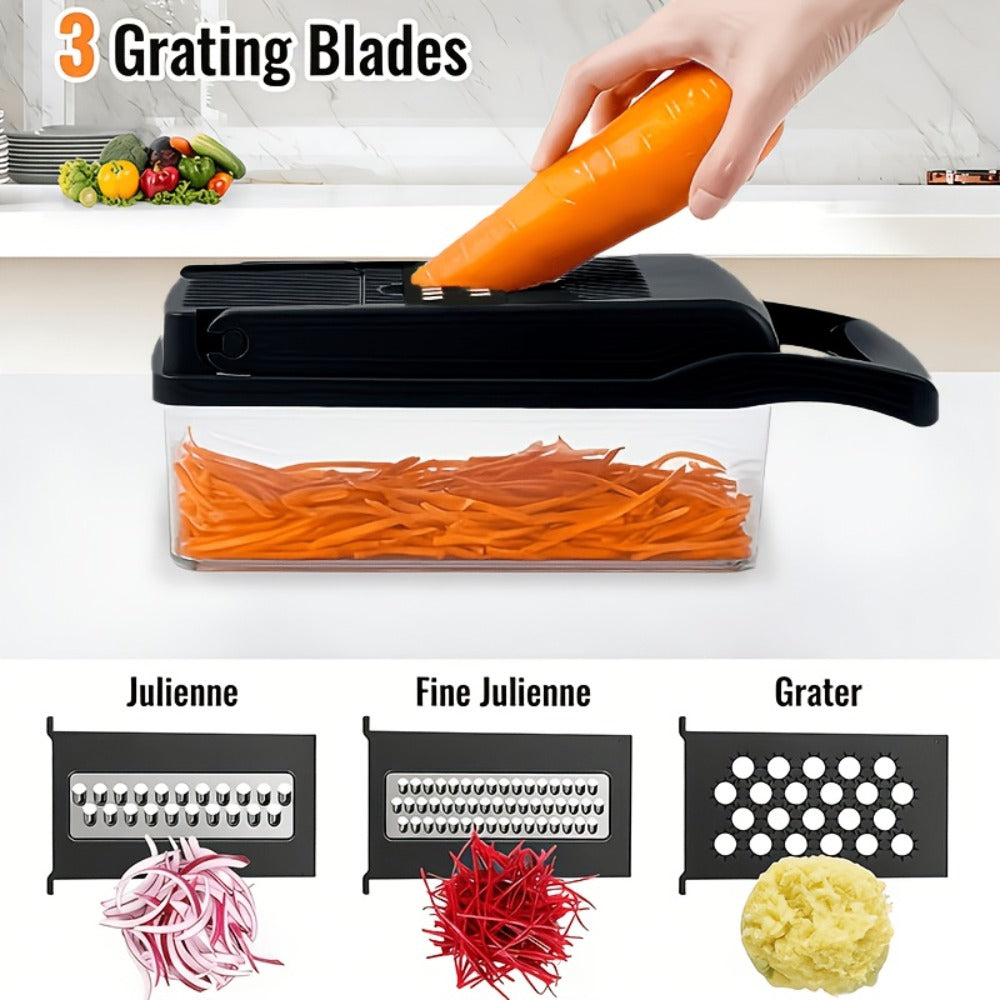18-in-1 Vegetable Chopper and Mandoline Slicer with Clear Container, Eight Metal Blade Inserts and Hand Guard