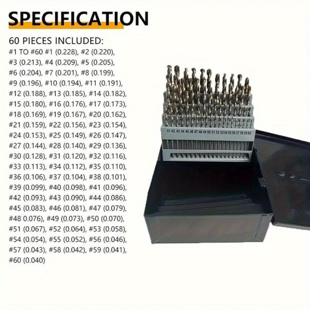60-Piece Wire-Gauge Cobalt Drill Bit Set in Sizes 1 Through 60 with Indexed Storage Case for Metalwork