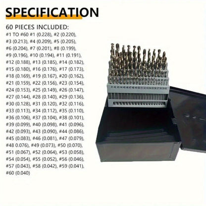 60-Piece Wire-Gauge Cobalt Drill Bit Set in Sizes 1 Through 60 with Indexed Storage Case for Metalwork