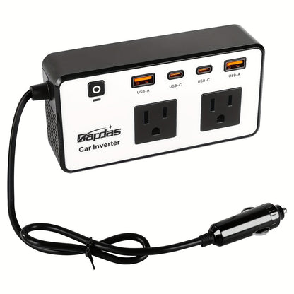 Car Inverter 200W DC 12V to AC 110V with Dual AC Outlets 24W USB-C Fast Charging 4 USB Ports Portable Laptop Phone Charger Adapter for Car Truck RV Travel