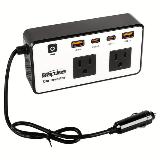 Car Inverter 200W DC 12V to AC 110V with Dual AC Outlets 24W USB-C Fast Charging 4 USB Ports Portable Laptop Phone Charger Adapter for Car Truck RV Travel