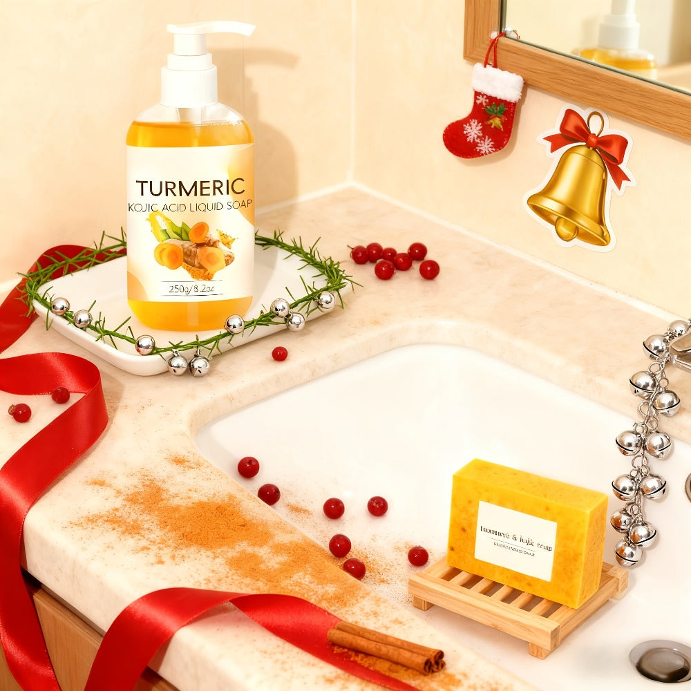 Turmeric Kojic Acid Brightening Soap Handmade Lemon Cold Process Deep Cleansing Hydrating Bar for Face & Body All Skin Types – Bundle Sets with Liquid Soap & Face Wash, Skincare Gift for Women