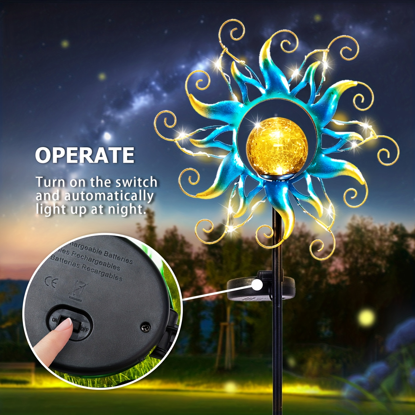 Solar Garden Lights Blue Sun-Shaped LED Stake, IPX4 Rated with Separate Solar Panel for Path Decor