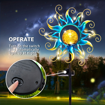 Solar Garden Lights Blue Sun-Shaped LED Stake, IPX4 Rated with Separate Solar Panel for Path Decor