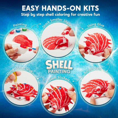 Seashell Painting Craft Kit with 12 Shell Forms, Glow-Labeled Paints, Brushes, Gems and Stickers
