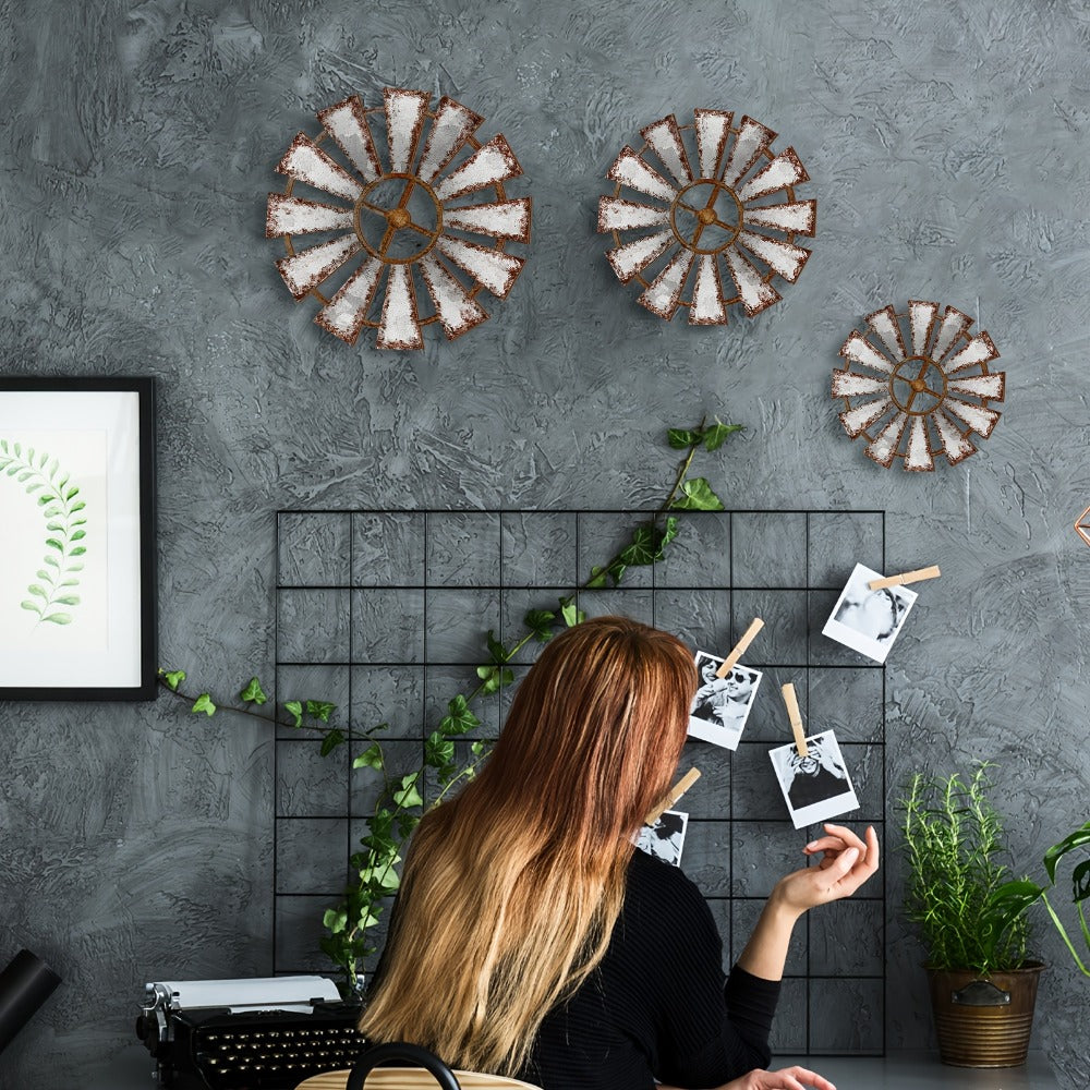 Wood Windmill Wall Decor, Three-Piece Set with Distressed White-and-Brown Finish in Graduated Sizes