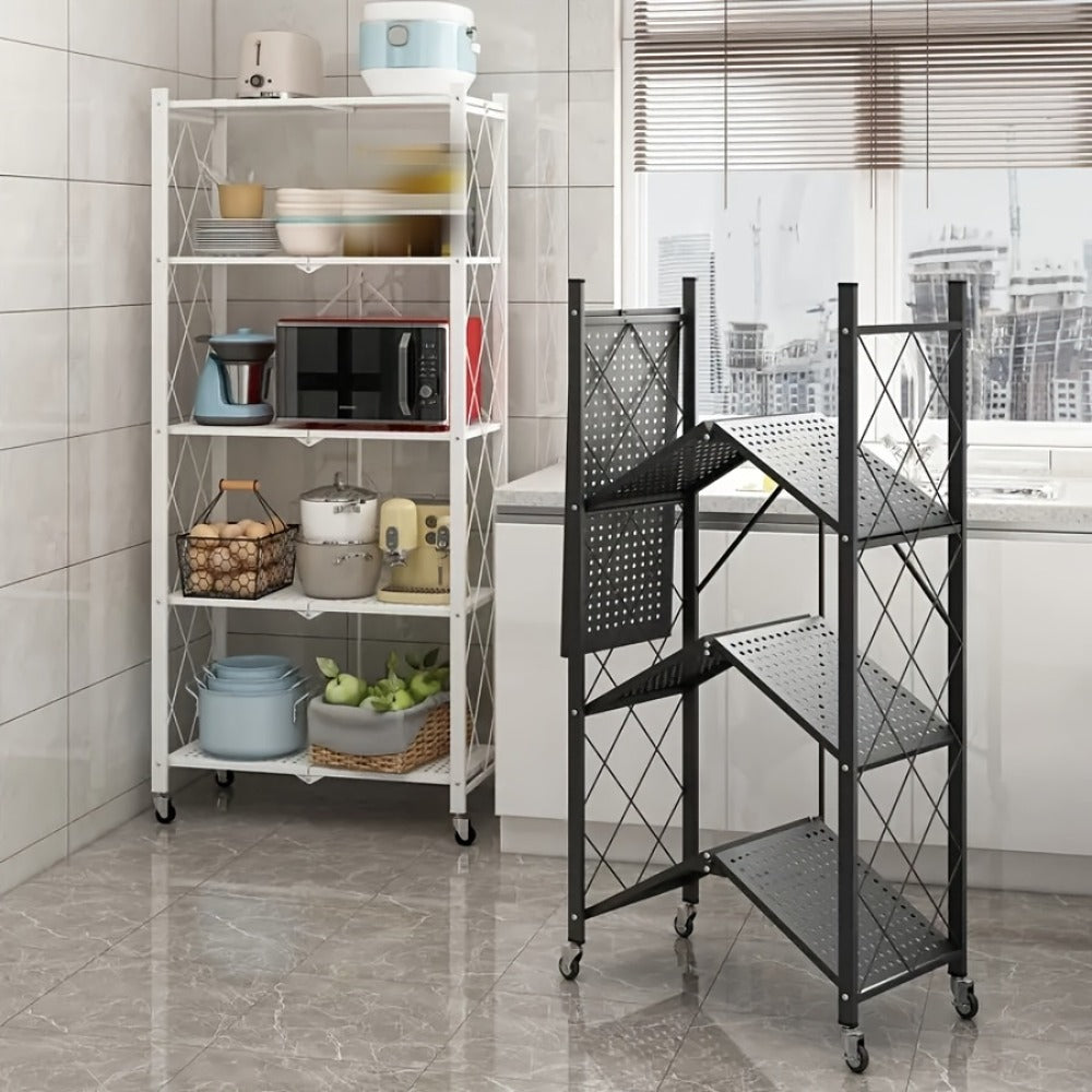 Foldable Rolling Storage Shelf in Three, Four or Five-Tier Options with Black or White Finish