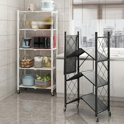 Foldable Rolling Storage Shelf in Three, Four or Five-Tier Options with Black or White Finish