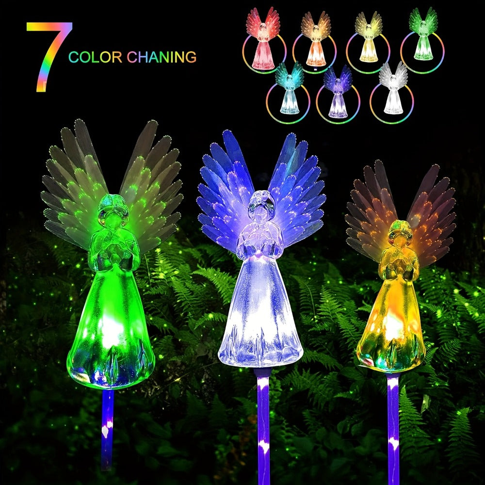 Solar Garden Lights Color-Changing Angel Stakes with 7-Color LEDs in 2- or 4-Pack Sets for Memorial Decor