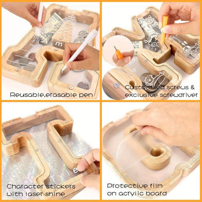 Alphabet Wooden Money Bank with Clear Front Panel, Coin Slot and A-to-Z Letter Options for Adults