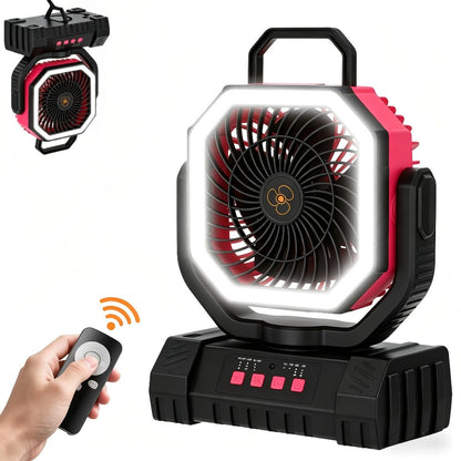 Camping Fan 20000mAh Tabletop and Hanging Fan with 4 Speeds, 13-59 Hour Labeled Runtime, LED Ring and Remote