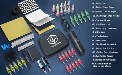 Tattoo Machine Kit POSEIDON TK035 Wireless Rotary Pen with LCD, 1500mAh Battery, 20 Cartridges and Practice Supplies