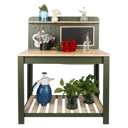 Potting Bench Table Cedar Wood Garden Workstation with Blackboard Removable Sink Hooks Double Shelf for Patio Balcony Courtyard Outdoor Planting Work Bench