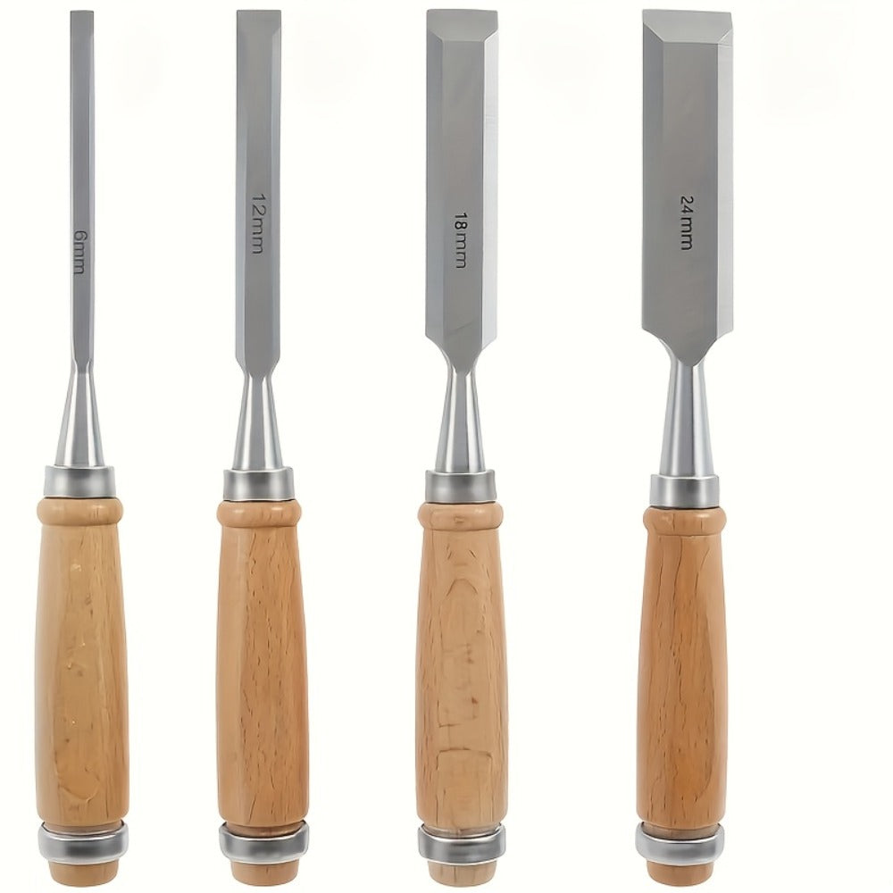Wood Chisel Set 4pcs – CR-V Steel Woodworking Chisels 6/12/18/24mm, Professional Wood Carving & Carpentry Hand Tools for Beginners and Experts