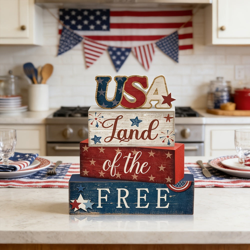 Land of the Free Patriotic Block Sign with Red, White and Blue Three-Tier Tabletop Shelf Design