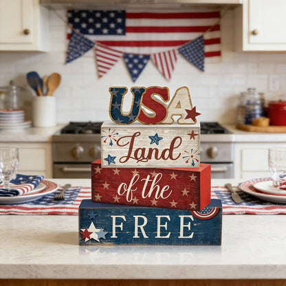 Land of the Free Patriotic Block Sign with Red, White and Blue Three-Tier Tabletop Shelf Design