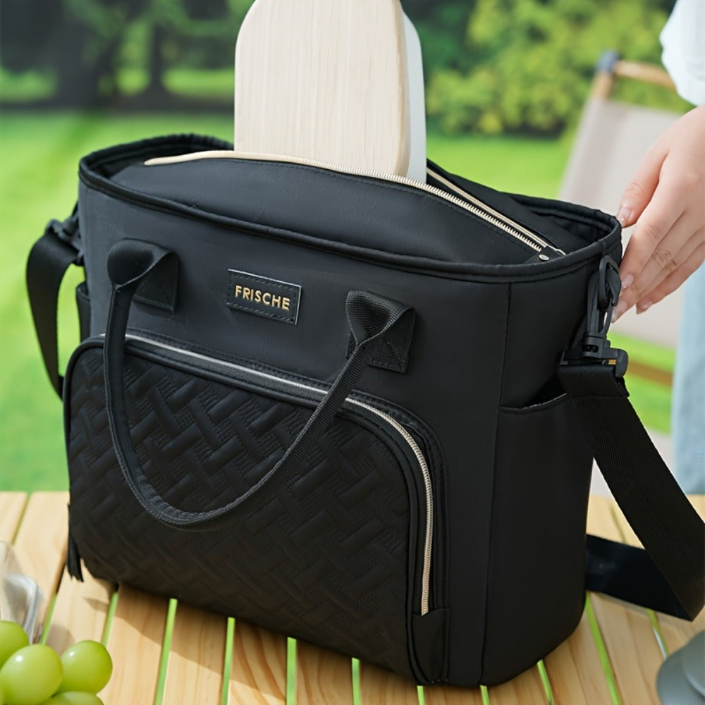 11L Quilted Lunch Bag Tote with Front Zipper Pocket, Side Tissue Pocket, Strap and Four Colors