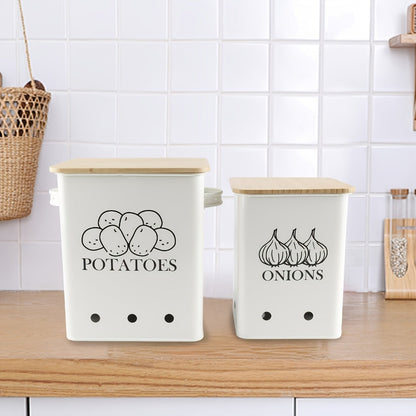 Kitchen Storage Canister Potato Onion Storage Bin Aerating Ventilation Holes Wooden Lid for Home Cooking, Dining and Outdoor Meals