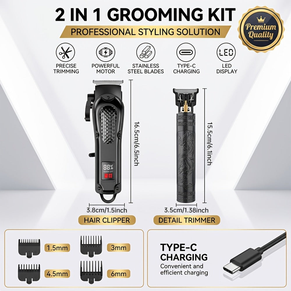 2-Piece Hair Clipper Set with Full-Size Clipper, Detail Trimmer, Guide Combs and USB Charging Accessories
