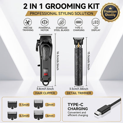 2-Piece Hair Clipper Set with Full-Size Clipper, Detail Trimmer, Guide Combs and USB Charging Accessories