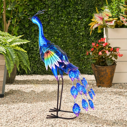 Solar Peacock Garden Statue with Blue Metal-Look Body, Hollow Feather Panels and Flickering Tail LEDs