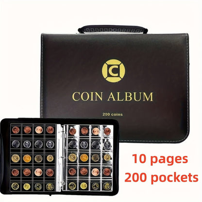 200-Pocket Coin Collection Album with 10 Pages, Zipper Handle and Black or Blue Cover for Adult Collectors
