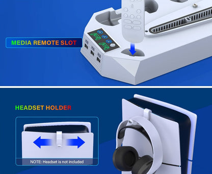 Five-in-One Console Stand Compatible with PS5 Models, Dual Controller Dock, Fan, USB Hub and Headset Holder