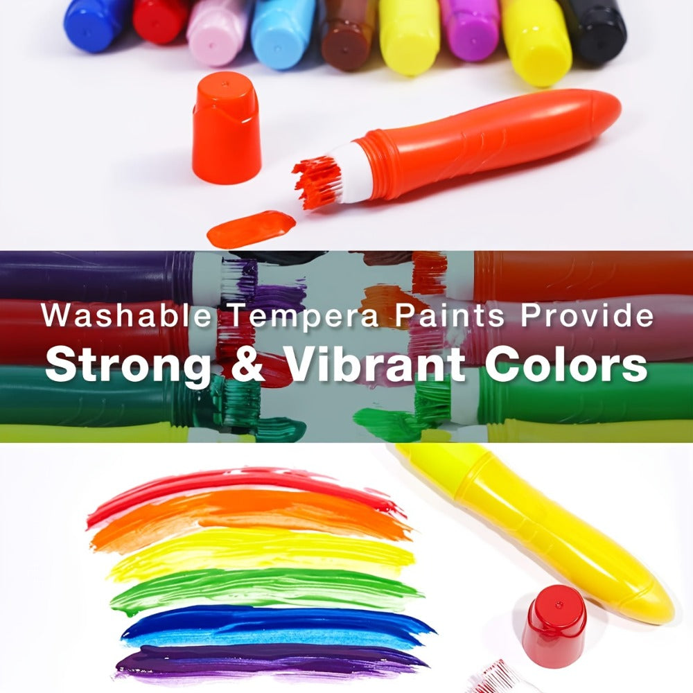 Tempera Paint Set for Kids 12 Colors Washable – Squeezable Brush Pens Neon Basic Pastel 24ml Each | Refillable Non-Toxic Art Supplies for Early Learning Finger Painting | Birthday Christmas Gift