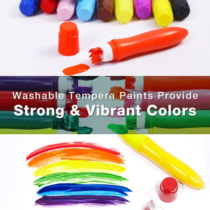 Tempera Paint Set for Kids 12 Colors Washable – Squeezable Brush Pens Neon Basic Pastel 24ml Each | Refillable Non-Toxic Art Supplies for Early Learning Finger Painting | Birthday Christmas Gift