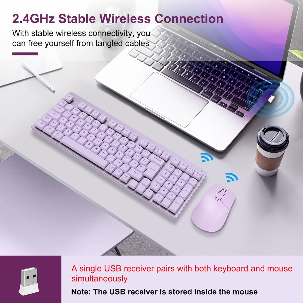 Wireless Keyboard and Mouse Combo 98 Keys Full Size – 2.4GHz, Mechanical Feel, Quiet Keys, Ergonomic Design for PC, Mac, Laptop, Office & Gaming | 3 Color Options