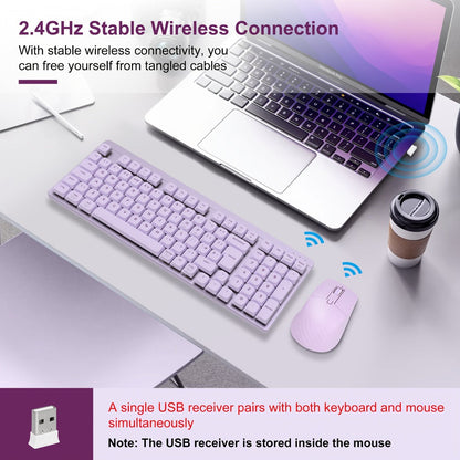 Wireless Keyboard and Mouse Combo 98 Keys Full Size – 2.4GHz, Mechanical Feel, Quiet Keys, Ergonomic Design for PC, Mac, Laptop, Office & Gaming | 3 Color Options