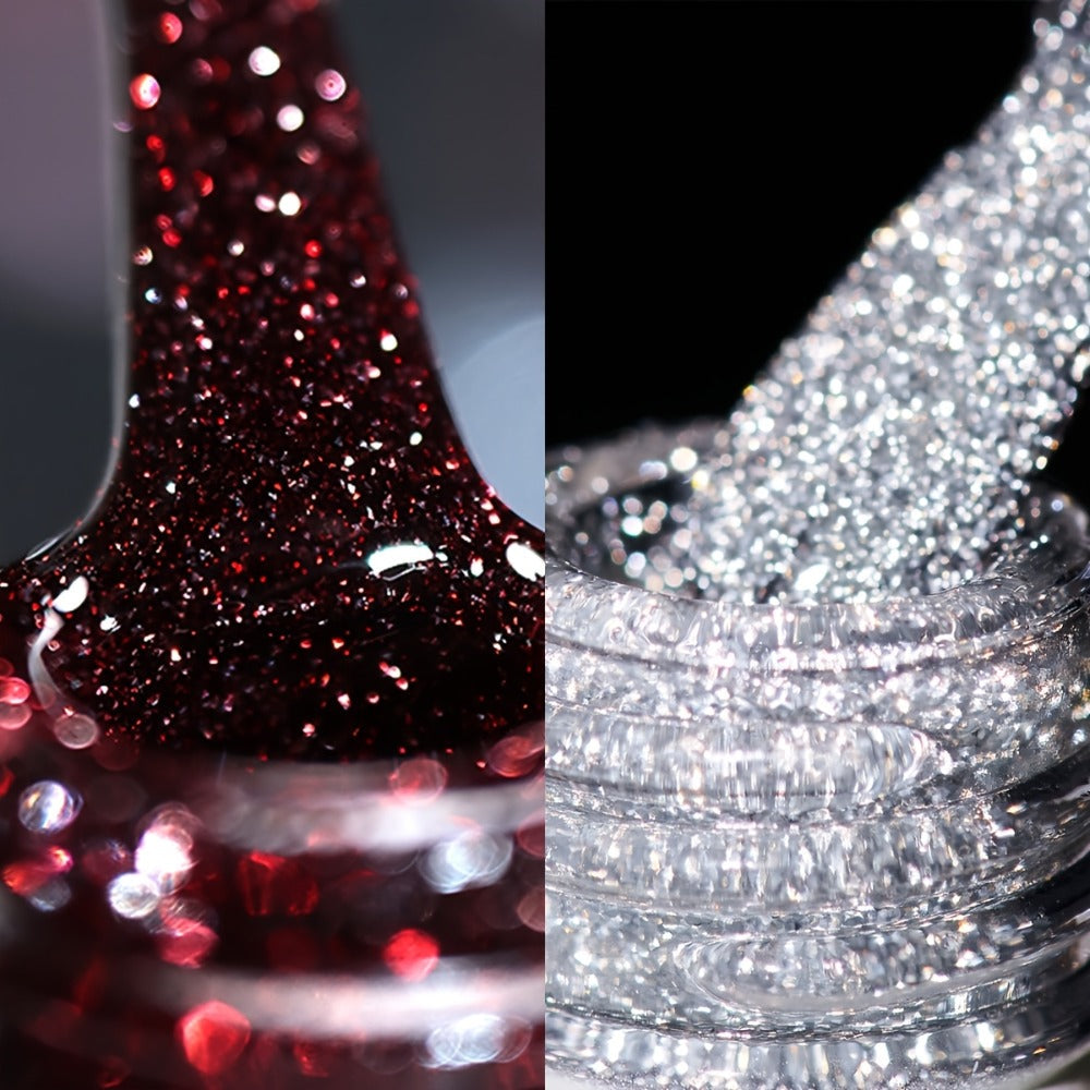 Gel Nail Polish 2-Piece Shattered-Flash Set in Silvery Red No.104 and No.105 Gilt Bottles for Nail Art