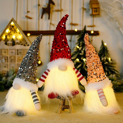 Three-Piece Holiday Gnome Figurine Set with Sequined Hats and Two Pictured Color Assortments