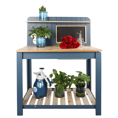Potting Bench Table Cedar Wood Garden Workstation with Blackboard Removable Sink Hooks Double Shelf for Patio Balcony Courtyard Outdoor Planting Work Bench