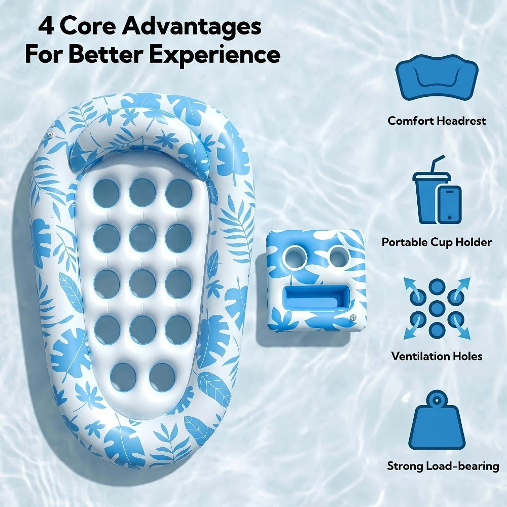 Blue-and-White Inflatable Pool Lounger with Backrest, Cup Holder and 77 x 50-Inch Pictured Size