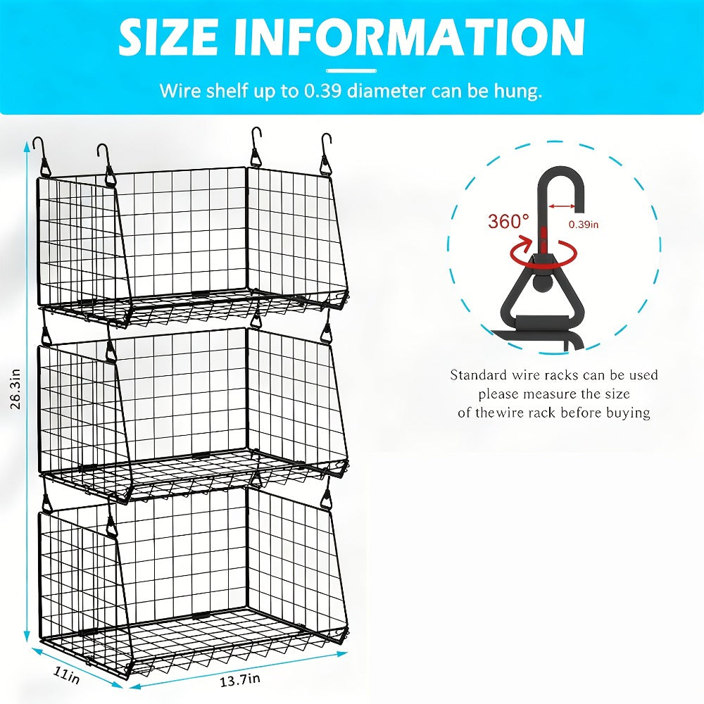 Three-Piece Hanging Wire Basket Organizer Set with Rotating Hooks in Black or White for Shelf Storage