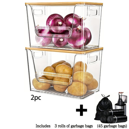 Pantry Storage Box Kitchen Organizer 2-Piece Clear Acrylic Stackable Set with Three Garbage Bag Rolls