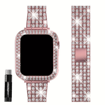 Rhinestone Diamond Bling Apple Watch Band for Women Girls – Five-Point Diamond Double-Row Crystal Strap Compatible with Apple Watch Ultra 2 Series 10 9 8 7 6 5 4 3 2 1 SE 38 40 41 42 44 45 49mm Gift