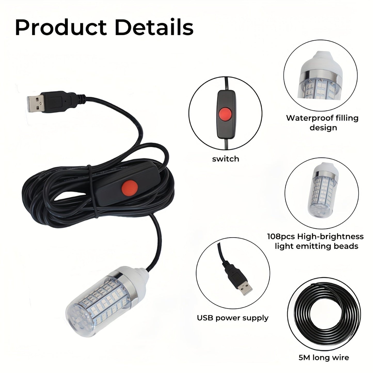 108-LED Underwater Fishing Light with USB Connector, 16.4-Foot Cable and Green or White Options
