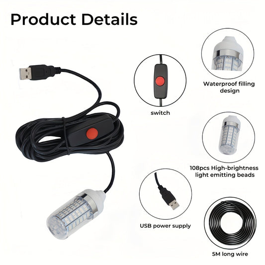 108 LED Underwater Fishing Light – IP68 Waterproof Night Fishing Lure Light with USB Connector & 16.4ft Cable, Super Bright Submersible Fish Attracting Light for Boat, Ice Fishing & Night Fishing (Green/White)