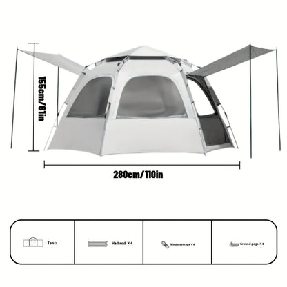 Camping Tent 4-6 Person Hexagonal Quick-Open Oxford Shelter with Vestibule and Included Stakes