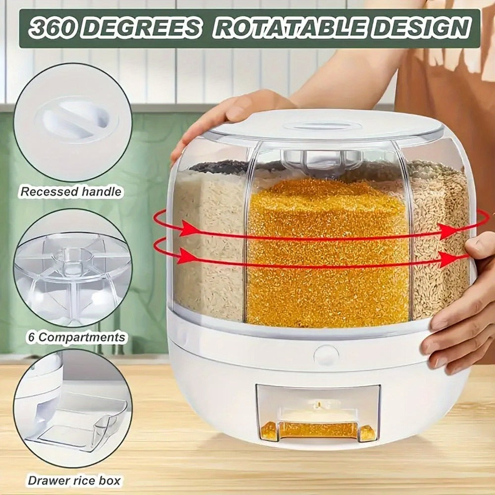 Rotating Rice Storage Container with Multi-Compartment – Large Capacity Grain Bucket, Moisture-Proof Insect-Proof Sealed Tank for Rice, Flour, Pet Food Kitchen Organizer