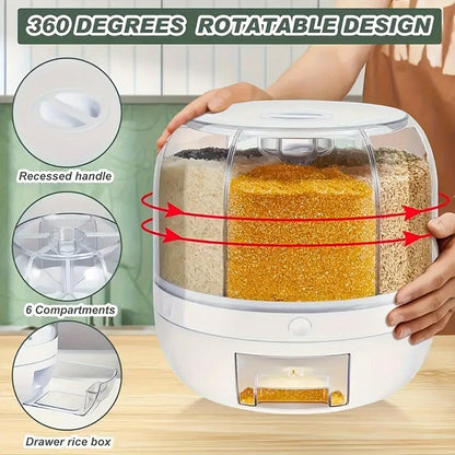 Rotating Rice Storage Container with Multi-Compartment – Large Capacity Grain Bucket, Moisture-Proof Insect-Proof Sealed Tank for Rice, Flour, Pet Food Kitchen Organizer
