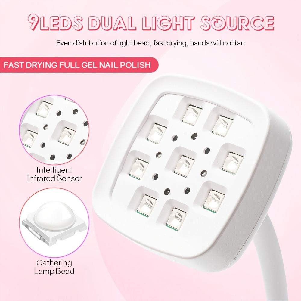 Gooseneck Stand LED Nail Lamp with Nine Dual-Light Beads, LCD Base, Two Timers and Type-C Charging