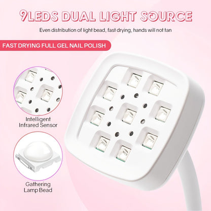 Gooseneck Stand LED Nail Lamp with Nine Dual-Light Beads, LCD Base, Two Timers and Type-C Charging