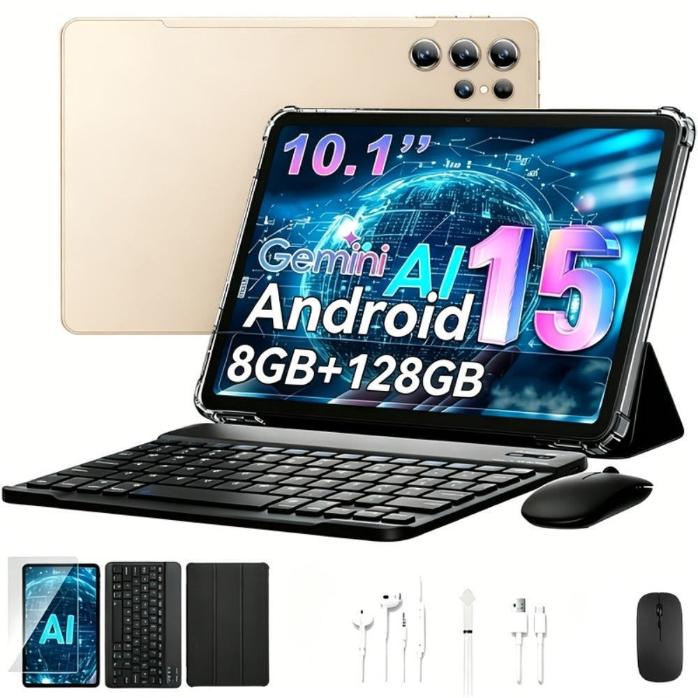 2-in-1 Tablet Android 15, 10.1 Inch Tablet with Keyboard Case Stylus, 8GB RAM 128GB ROM, 8000mAh Battery